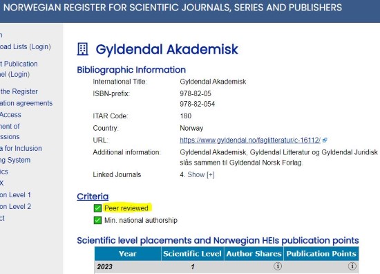 Screenshot from the register of scientific journals and publishers