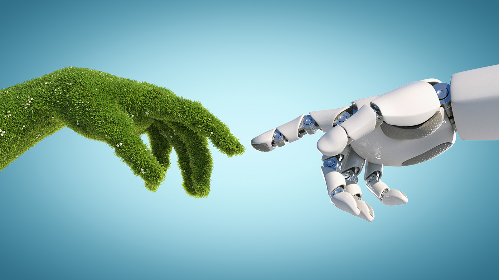 Konsept tegning: en hånd dekket i gress treffer en robot hånd