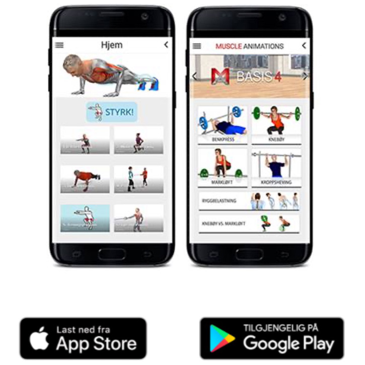 Bilde av app'ene Styrk! og MA Basis 4 lastet ned fra iPhone og Android